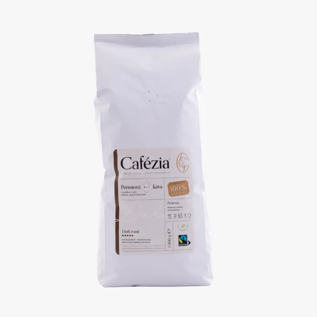 Cafézia Dark Roast 1 kg – BIO zrnková káva, 100 % Arabika z Peru, tmavé praženie, alternatívna káva pre citlivých na kofeín