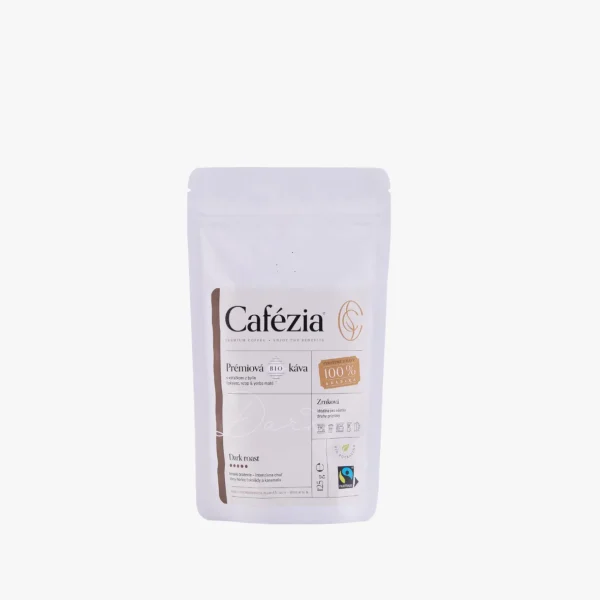 Cafézia Dark Roast 125 g – BIO zrnková káva, 100 % Arabika z Peru, tmavé praženie, alternatívna káva pre citlivých na kofeín