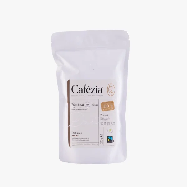 Cafézia Dark Roast 250 g – BIO zrnková káva, 100 % Arabika z Peru, tmavé praženie, alternatívna káva pre citlivých na kofeín