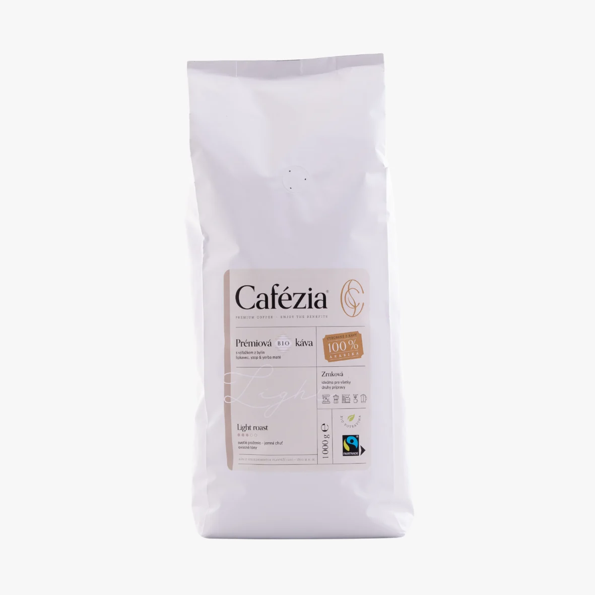 Cafézia Light Roast 1 kg – BIO zrnková káva, 100 % Arabika z Peru, svetlé praženie, alternatívna káva pre citlivých na kofeín
