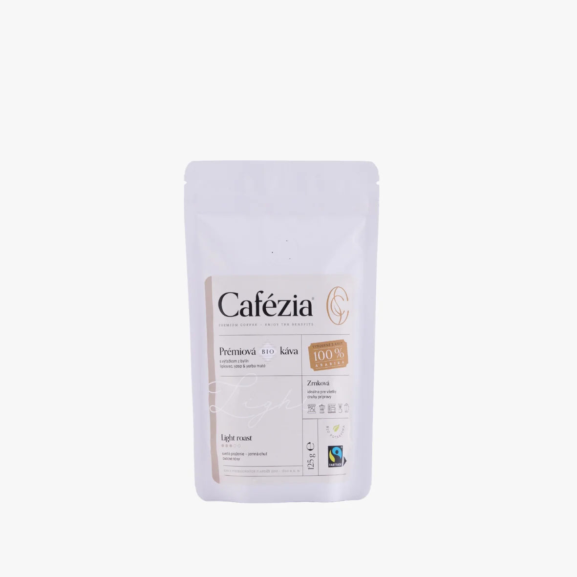 Cafézia Light Roast 125 g – BIO zrnková káva, 100 % Arabika z Peru, alternatívna káva pre citlivých na kofeín