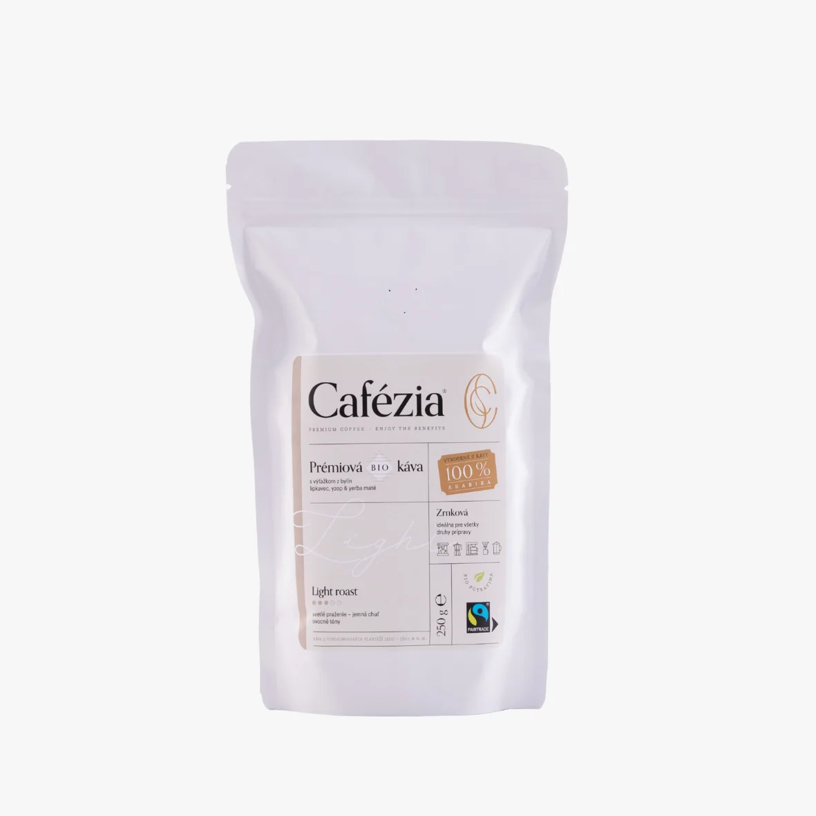 Cafézia Light Roast 250 g – BIO zrnková káva, 100 % Arabika z Peru, svetlé praženie, alternatívna káva pre citlivých na kofeín