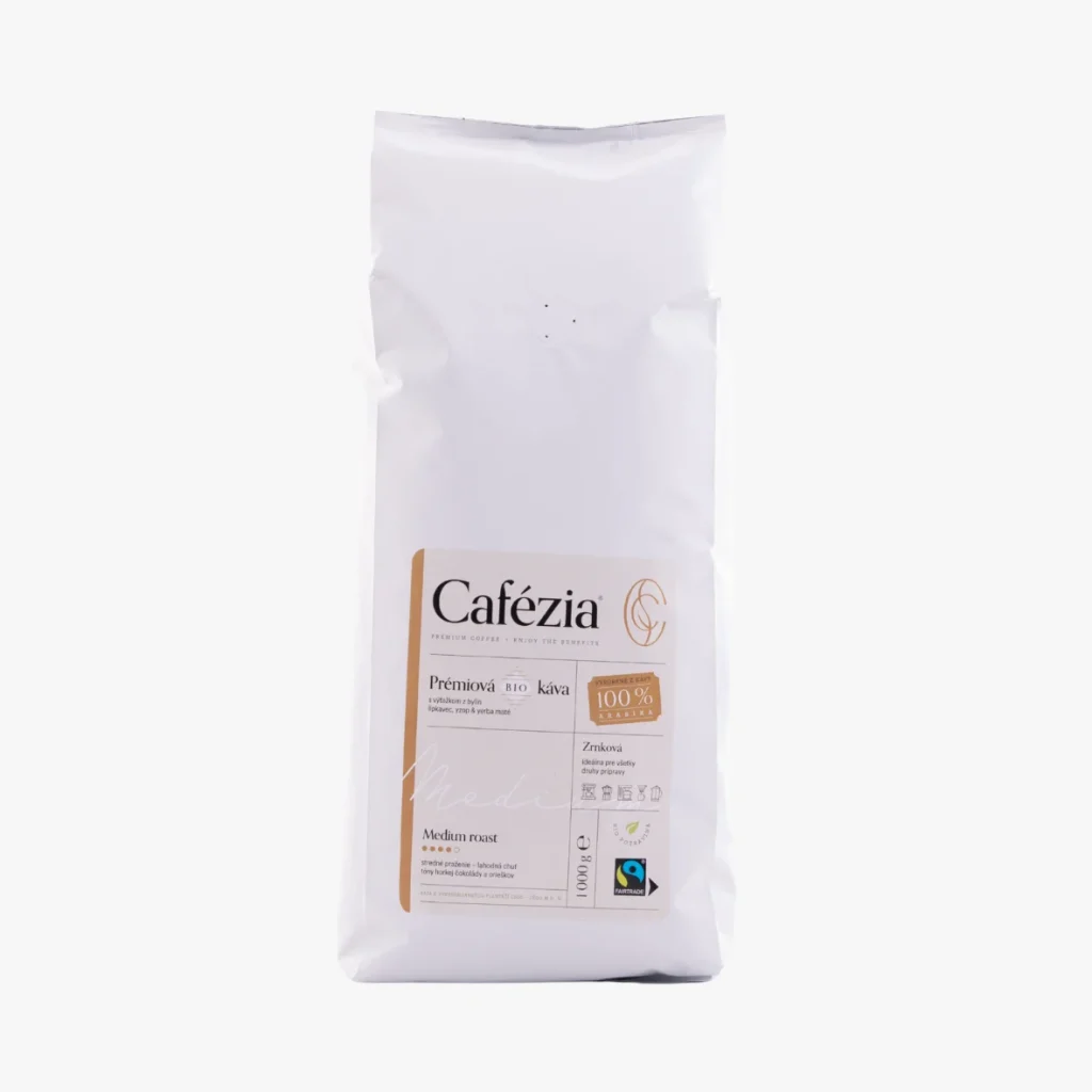Cafézia Medium Roast 1 kg – BIO zrnková káva, 100 % Arabika z Peru, stredné praženie, alternatívna káva pre citlivých na kofeín