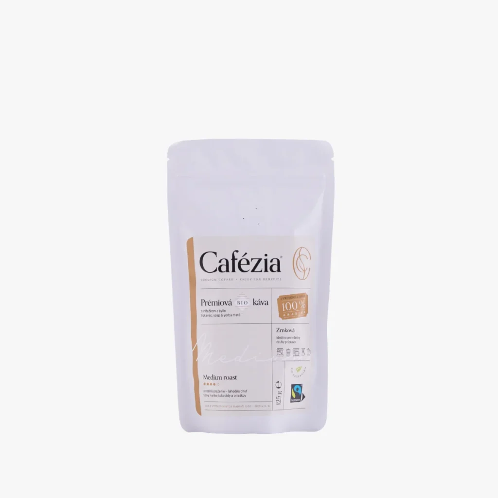 Cafézia Medium Roast 125 g – BIO zrnková káva, 100 % Arabika z Peru, stredné praženie, alternatívna káva pre citlivých na kofeín
