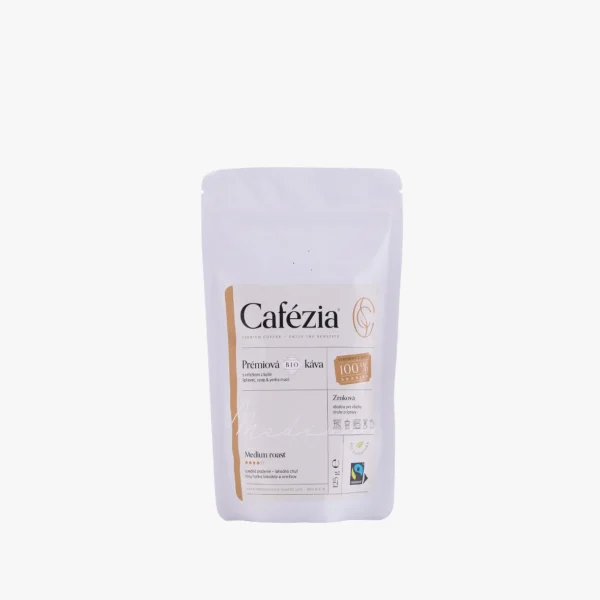 Cafézia Medium Roast 125 g – BIO zrnková káva, 100 % Arabika z Peru, stredné praženie, alternatívna káva pre citlivých na kofeín